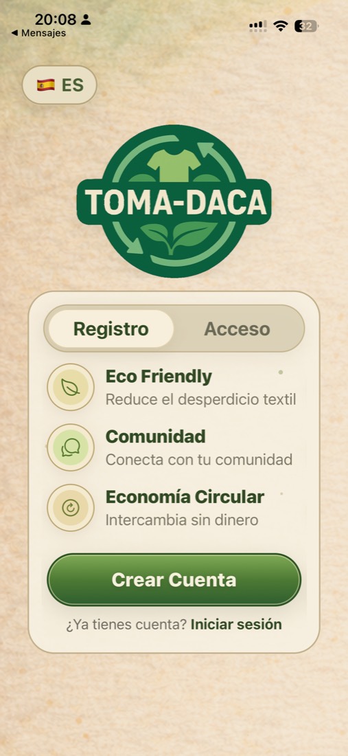 Pantalla de onboarding de TomaDaca